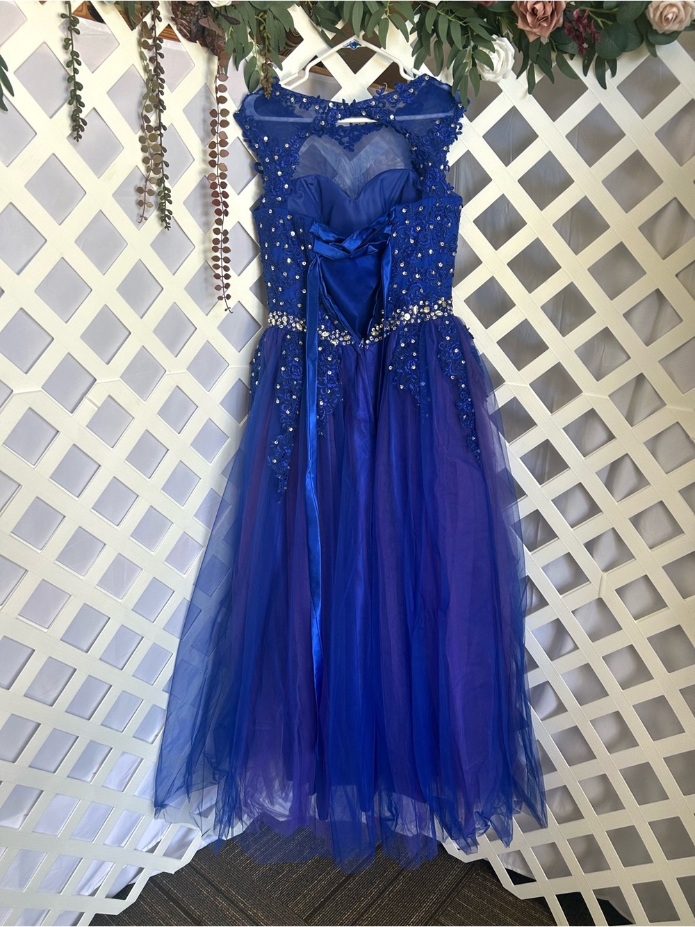 Royal Blue Beaded Tulle Formal Dress Illusion Neck Prom Gown  EST-M/L - Picture 5 of 10